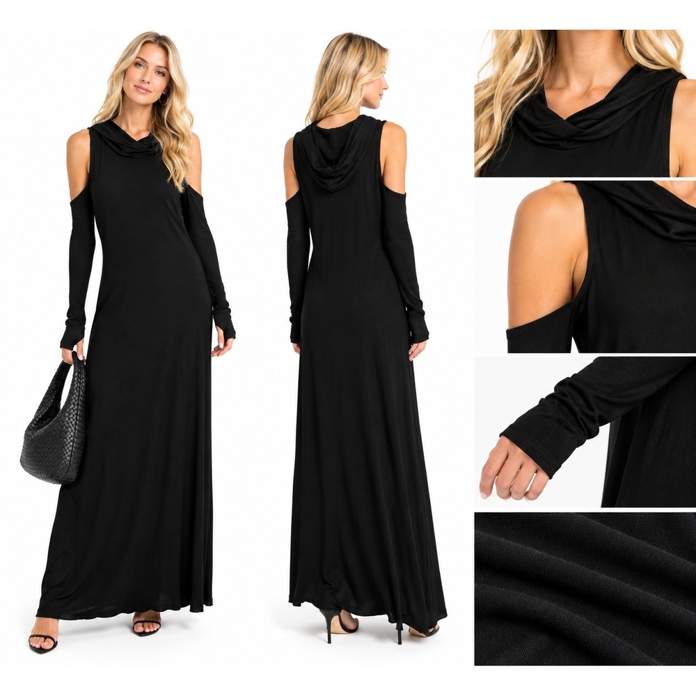 Elan S Maxi Dress Black Hooded Cold Shoulder Ribbed Knit NWT Goth Dark Academia
